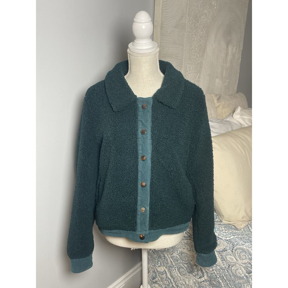 Em & Elle Sherpa Corduroy Snap Jacket M Green Teddy Fleece Cozy Fall Winter